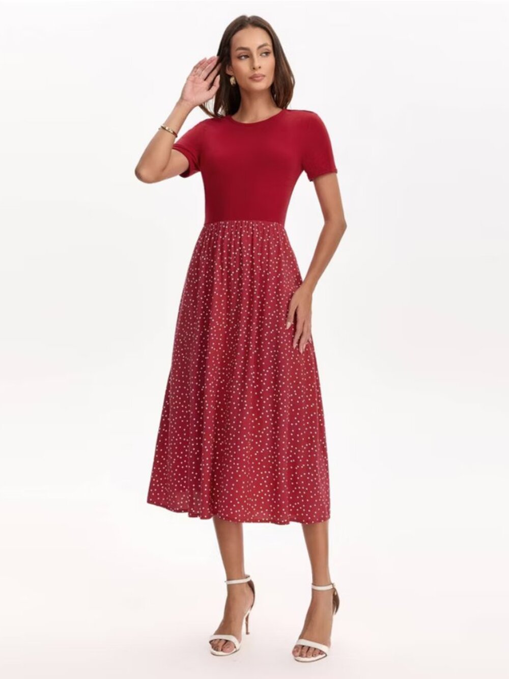 Women's Short Sleeve Contrast Midi Dress - A New Day Red Polka Dots L